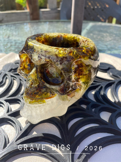 Brown and Green Broken Glass and Epoxy Resin Skull Planter #2