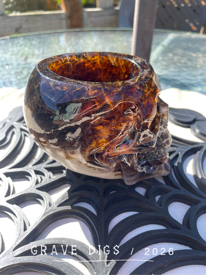 Brown Broken Glass and Epoxy Resin Skull Planter