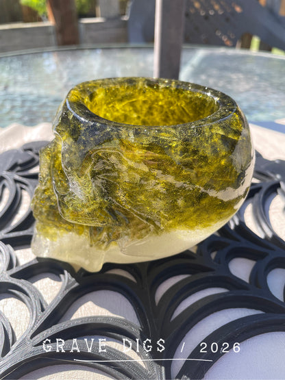 Green Broken Glass and Epoxy Resin Skull Planter