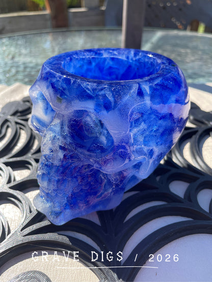 Blue Broken Glass and Epoxy Resin Skull Planter