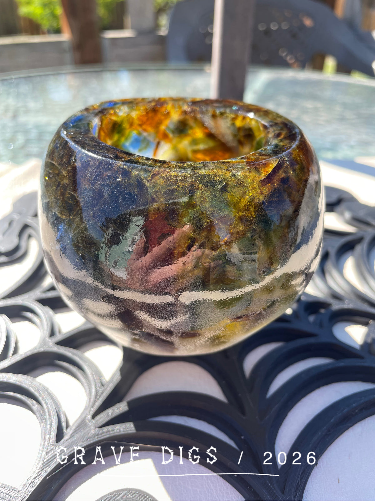 Brown Green and Blue Broken Glass and Epoxy Resin Skull Planter