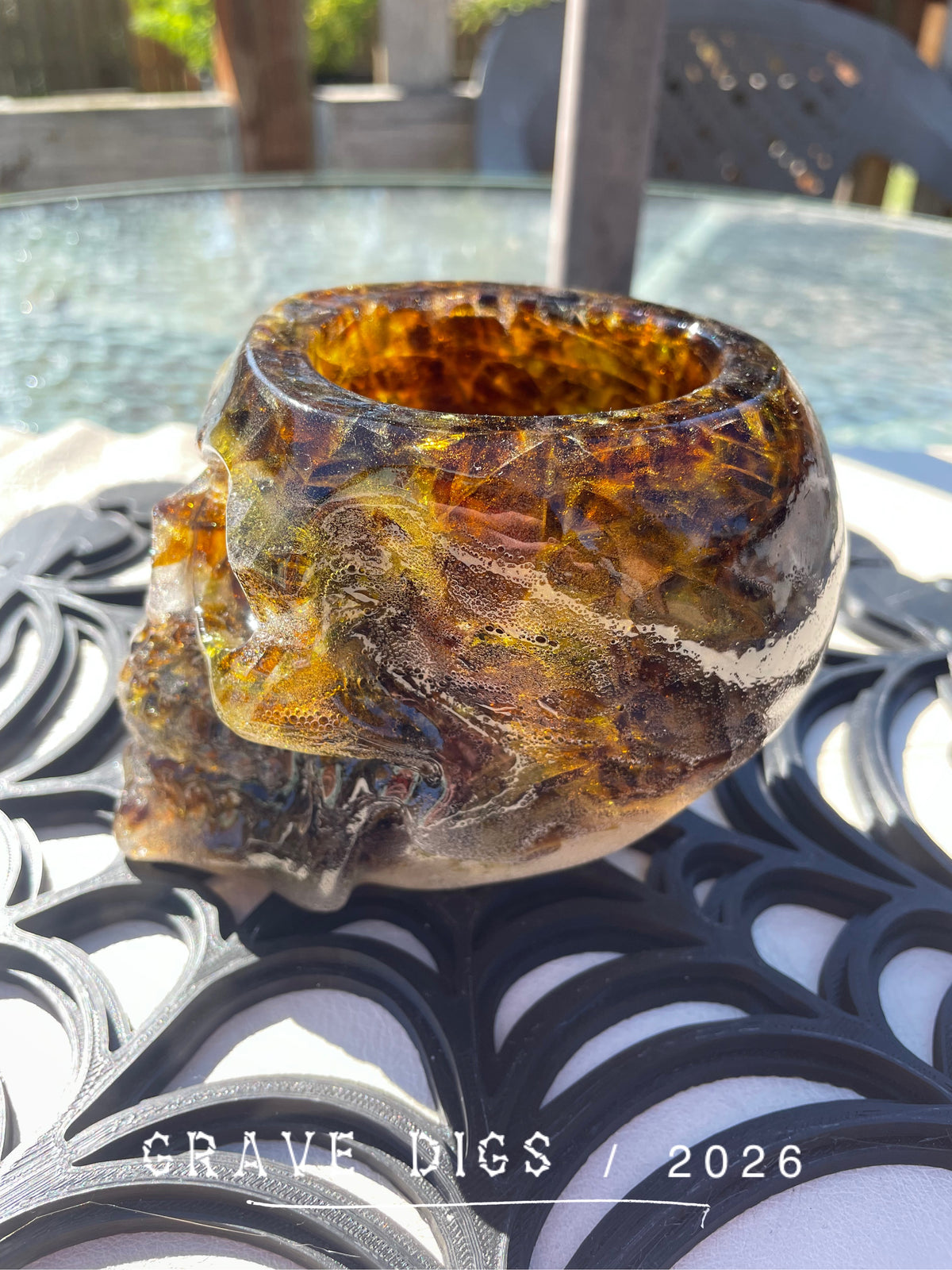 Brown and Green Broken Glass and Epoxy Resin Skull Planter #4