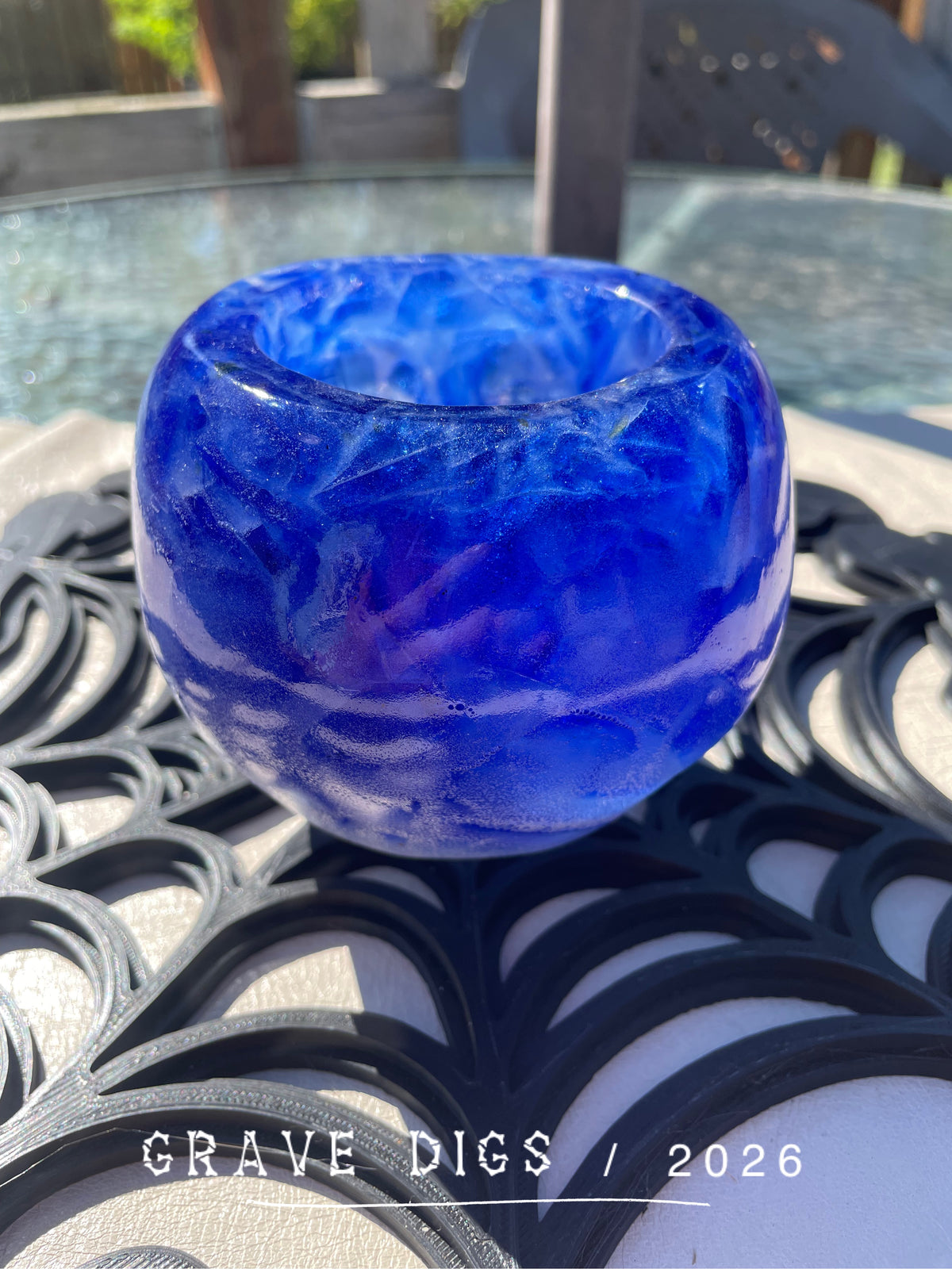 Blue Broken Glass and Epoxy Resin Skull Planter