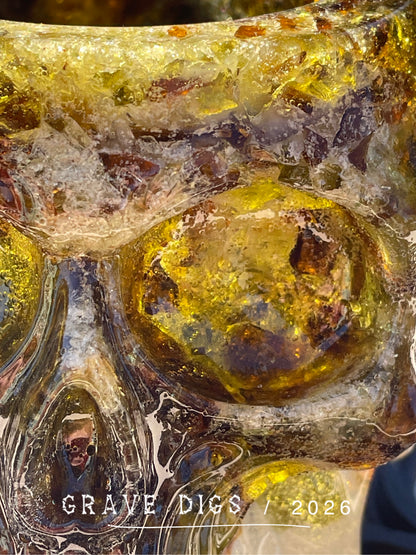 Brown and Green Broken Glass and Epoxy Resin Skull Planter #2