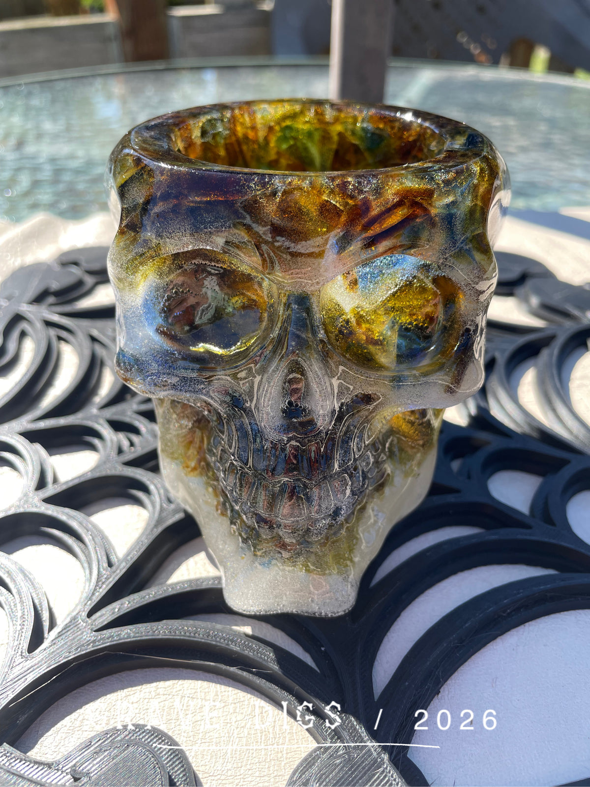 Brown Green and Blue Broken Glass and Epoxy Resin Skull Planter