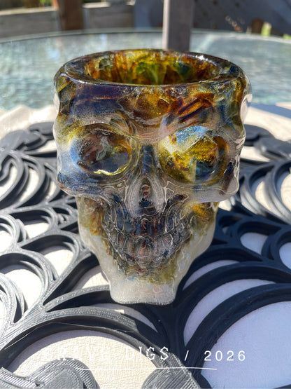 Brown Green and Blue Broken Glass and Epoxy Resin Skull Planter