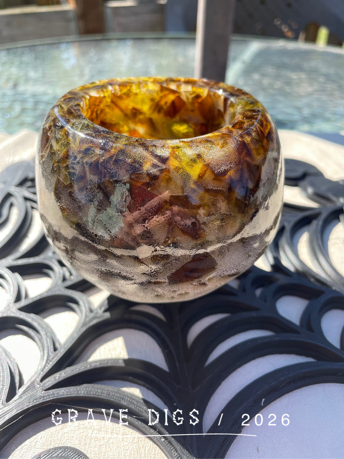 Brown and Green Broken Glass and Epoxy Resin Skull Planter