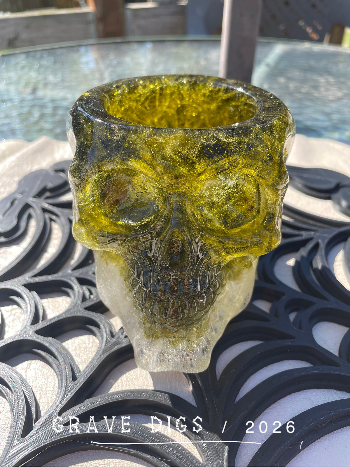 Green Broken Glass and Epoxy Resin Skull Planter