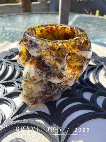 Brown and Green Broken Glass and Epoxy Resin Skull Planter