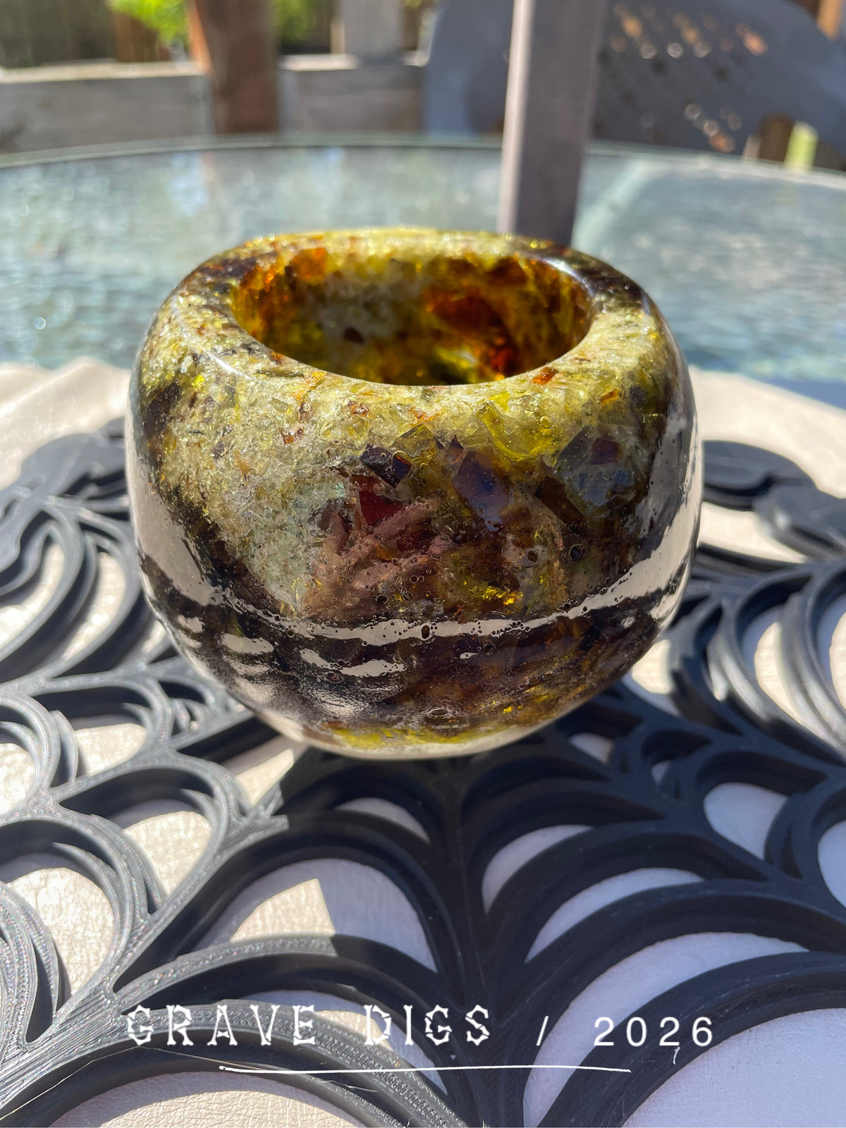 Brown and Green Broken Glass and Epoxy Resin Skull Planter #2