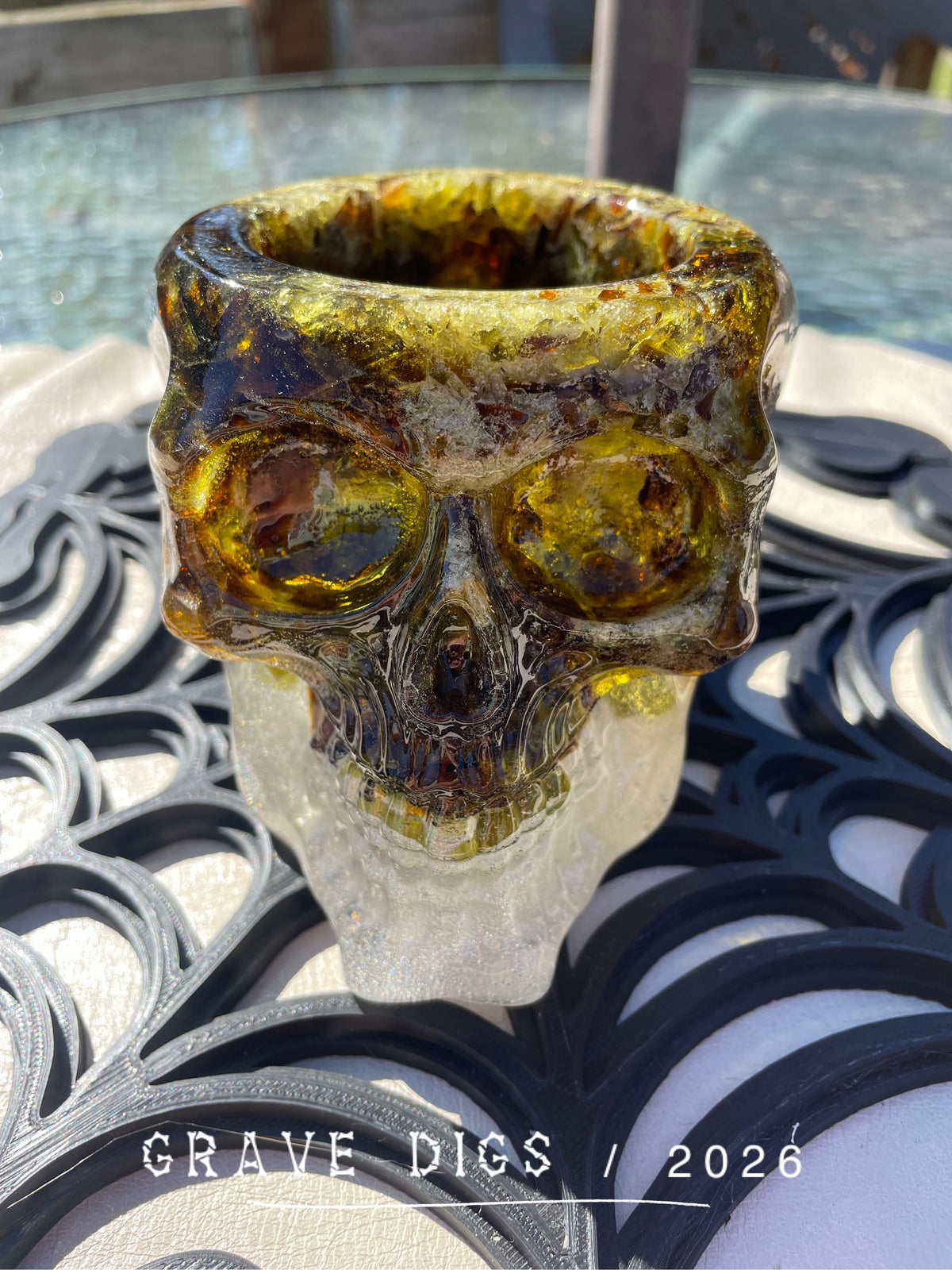 Brown and Green Broken Glass and Epoxy Resin Skull Planter #2