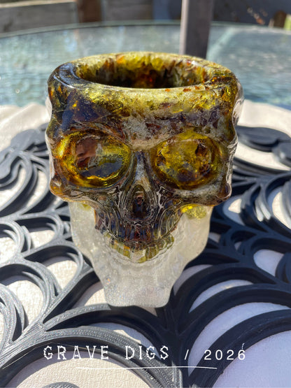 Brown and Green Broken Glass and Epoxy Resin Skull Planter #2