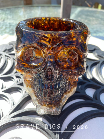 Brown Broken Glass and Epoxy Resin Skull Planter #2