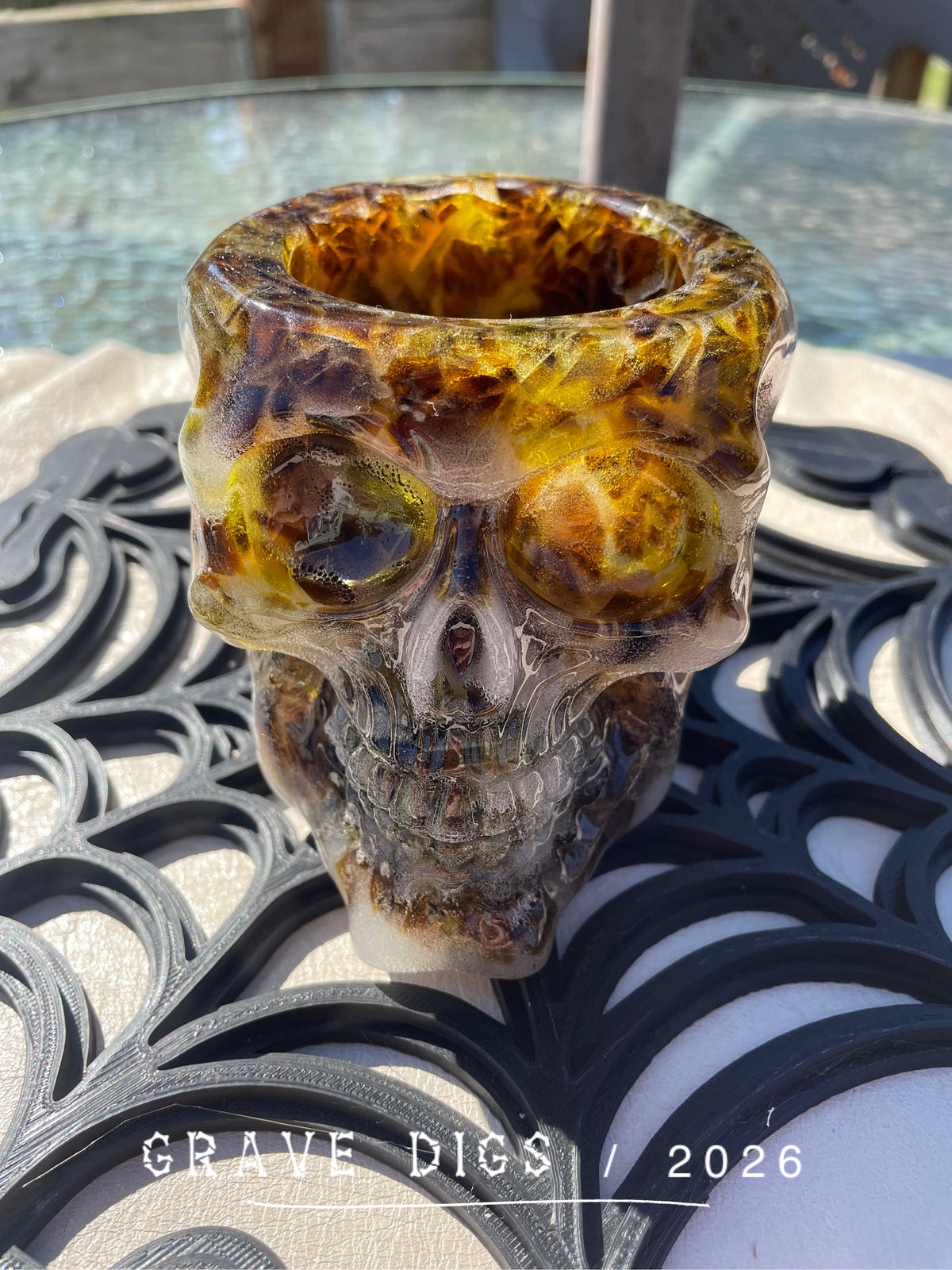 Brown and Green Broken Glass and Epoxy Resin Skull Planter