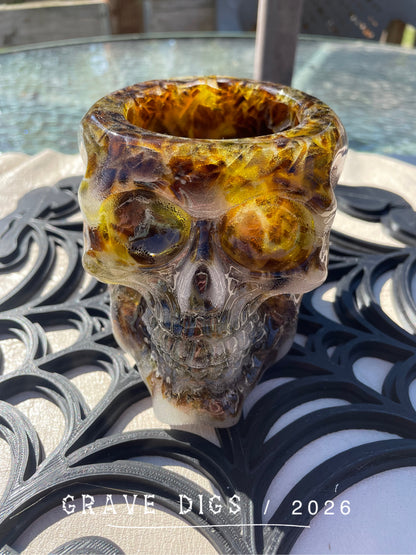 Brown and Green Broken Glass and Epoxy Resin Skull Planter