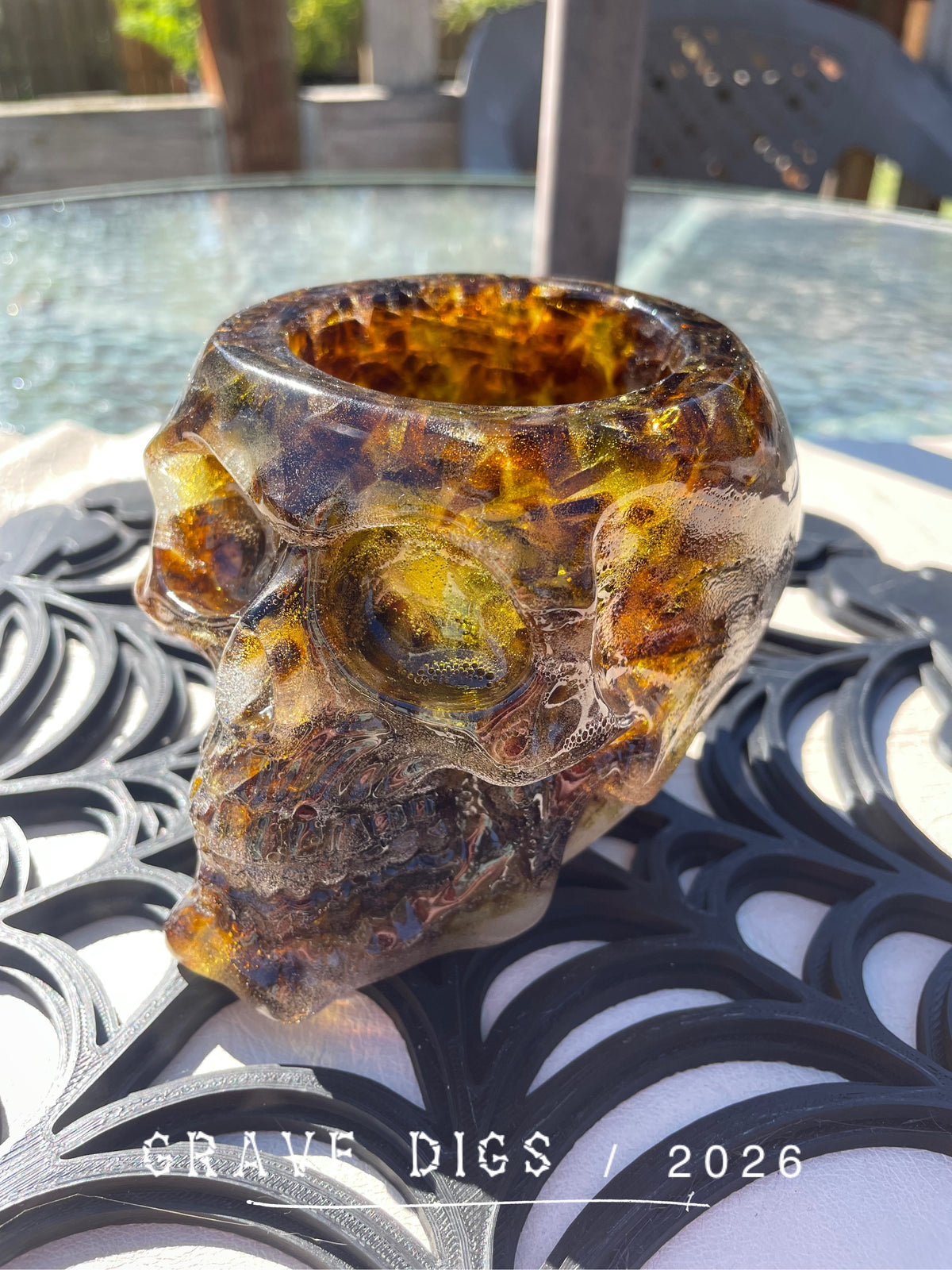 Brown and Green Broken Glass and Epoxy Resin Skull Planter #4