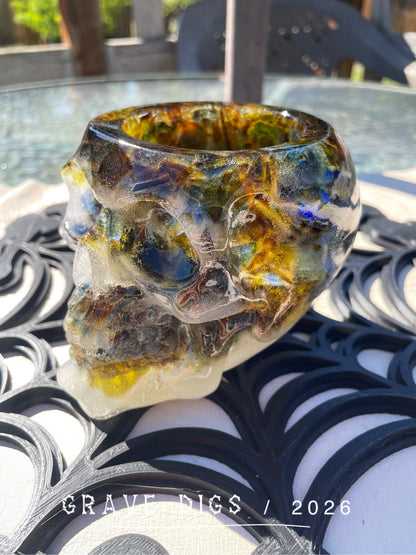 Brown Green and Blue Broken Glass and Epoxy Resin Skull Planter