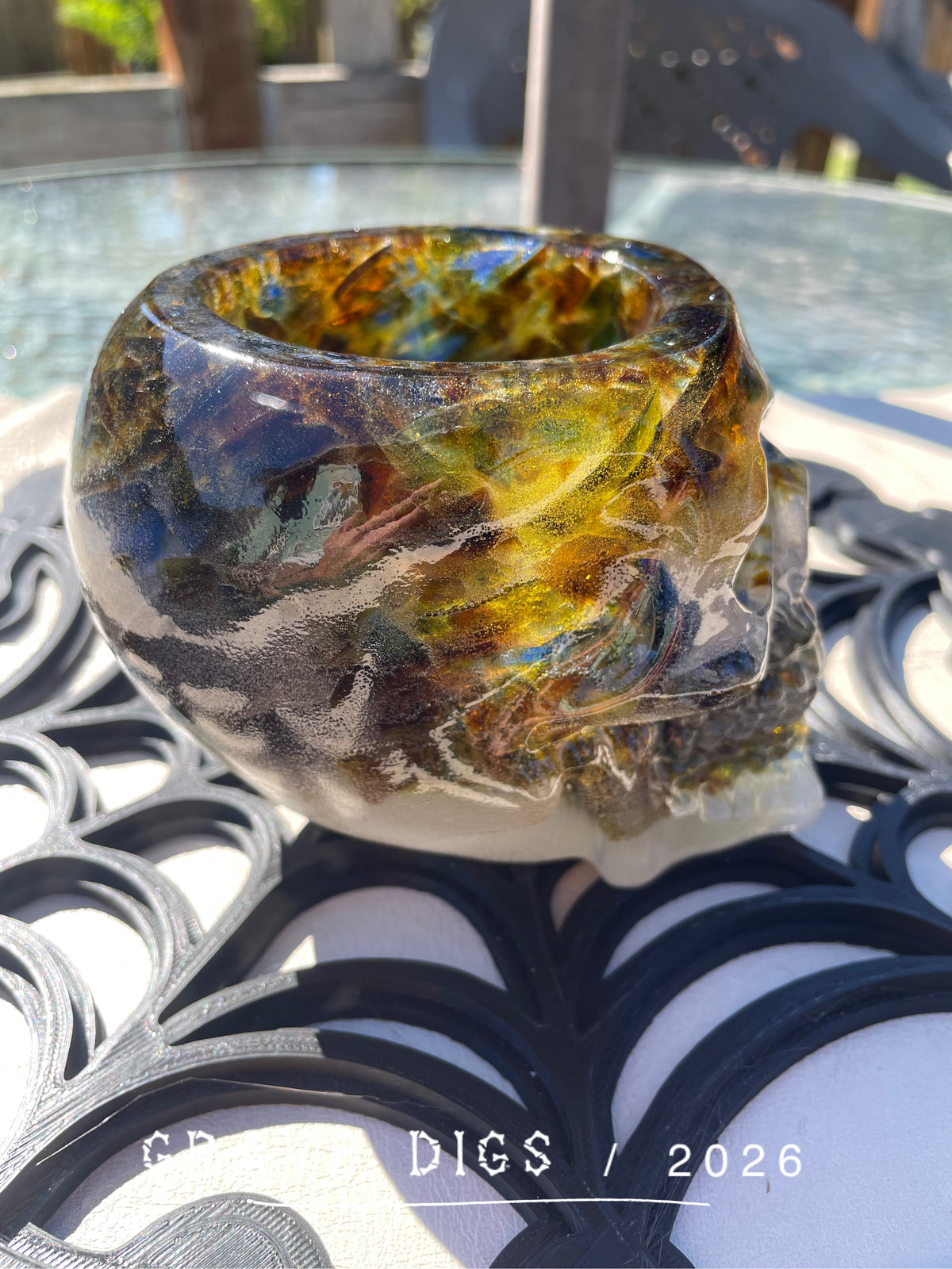 Brown Green and Blue Broken Glass and Epoxy Resin Skull Planter