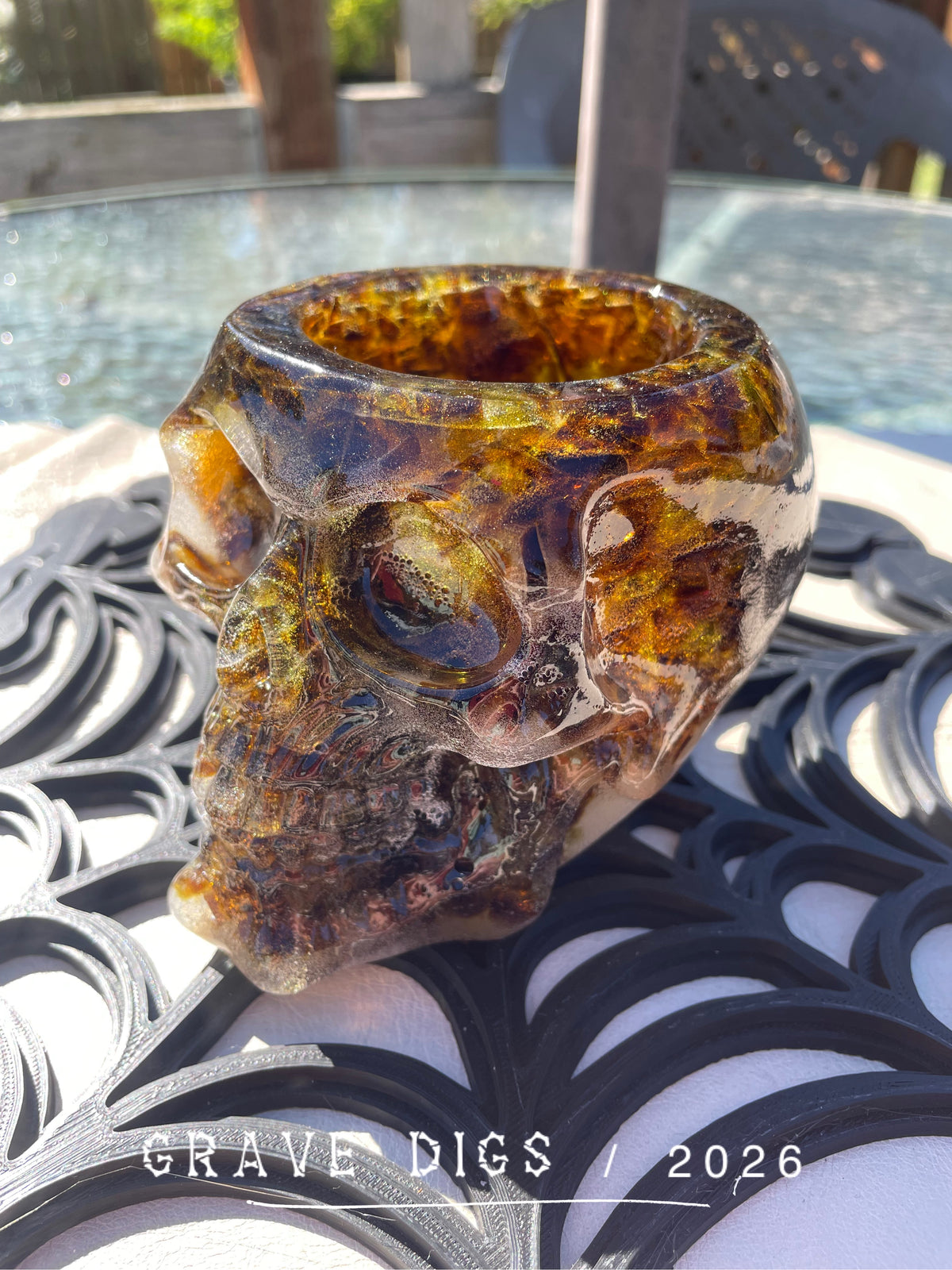 Brown and Green Broken Glass and Epoxy Resin Skull Planter #3