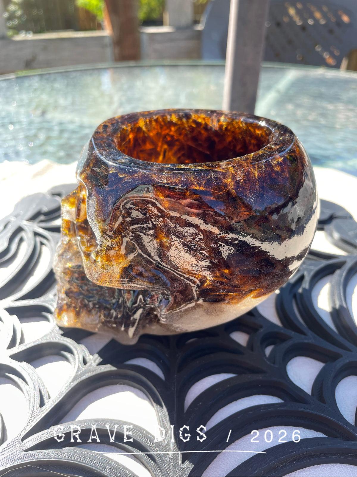 Brown Broken Glass and Epoxy Resin Skull Planter
