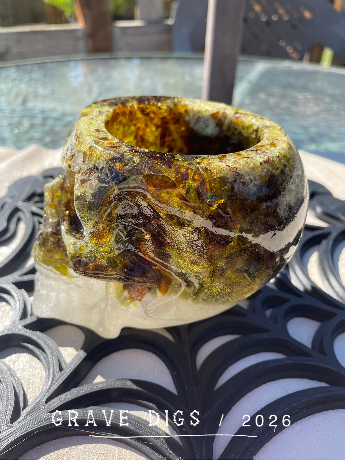 Brown and Green Broken Glass and Epoxy Resin Skull Planter #2