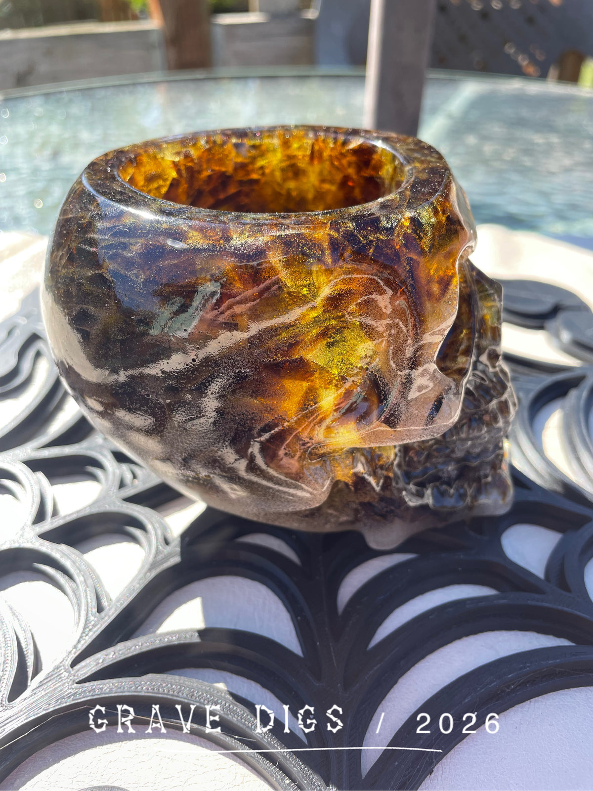 Brown and Green Broken Glass and Epoxy Resin Skull Planter #3