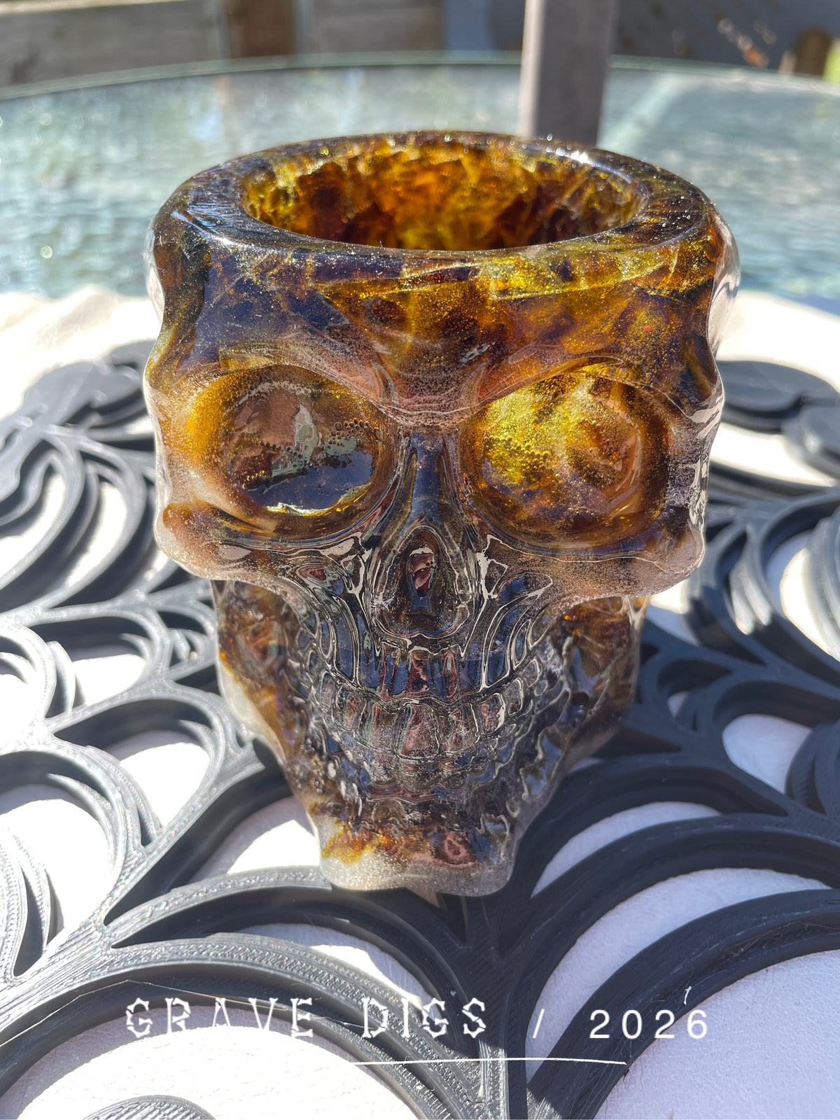 Brown and Green Broken Glass and Epoxy Resin Skull Planter #3