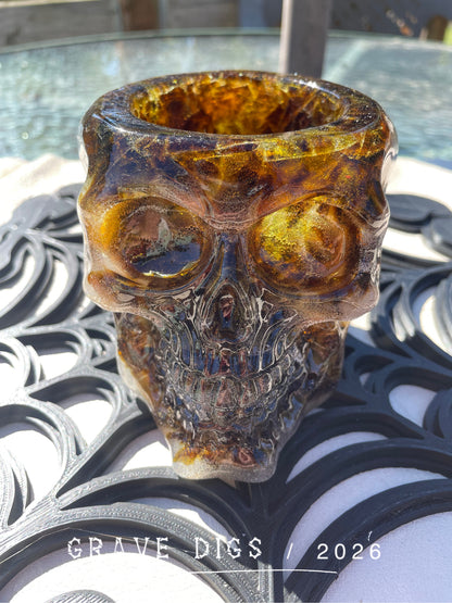 Brown and Green Broken Glass and Epoxy Resin Skull Planter #3