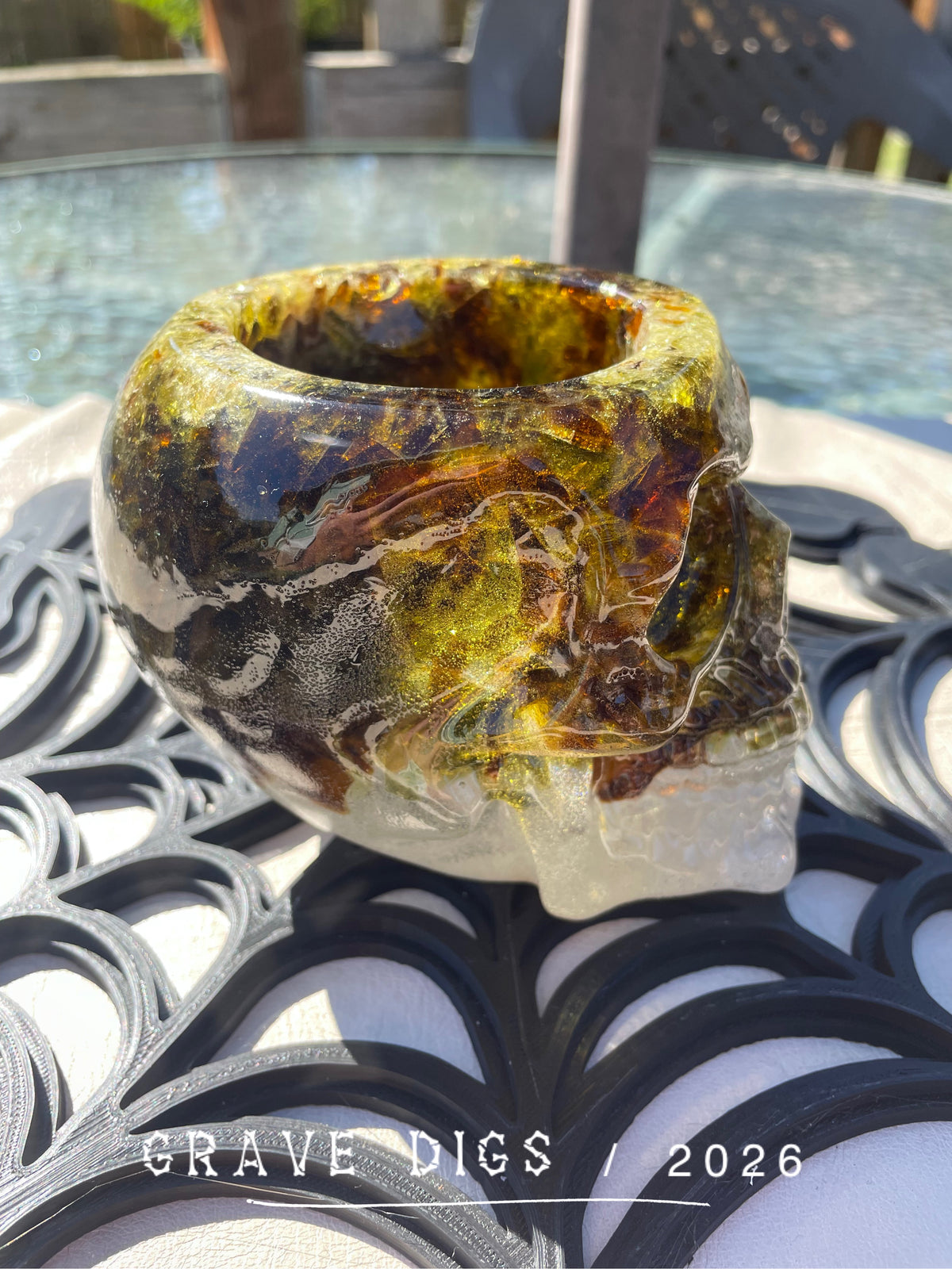 Brown and Green Broken Glass and Epoxy Resin Skull Planter #2
