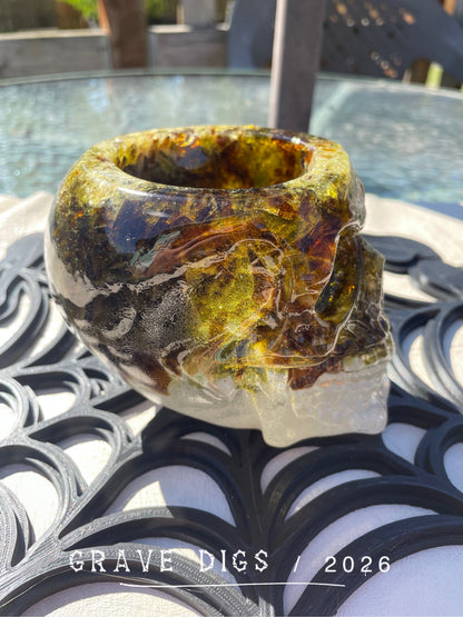 Brown and Green Broken Glass and Epoxy Resin Skull Planter #2