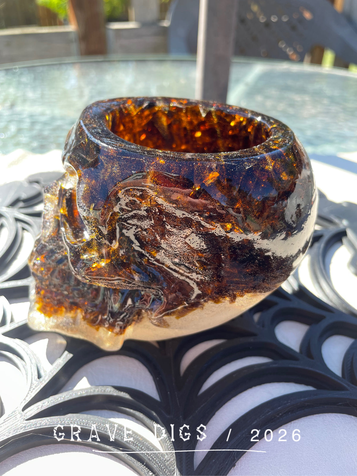 Brown Broken Glass and Epoxy Resin Skull Planter #2
