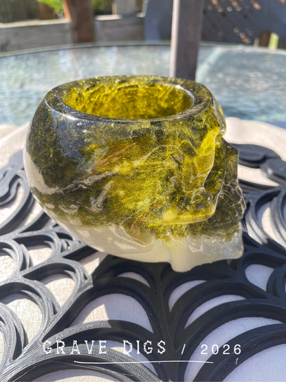 Green Broken Glass and Epoxy Resin Skull Planter