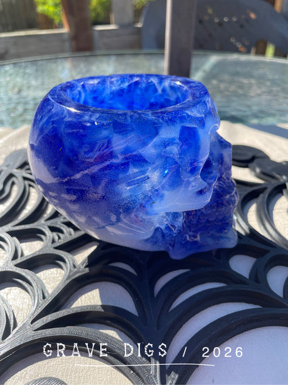 Blue Broken Glass and Epoxy Resin Skull Planter
