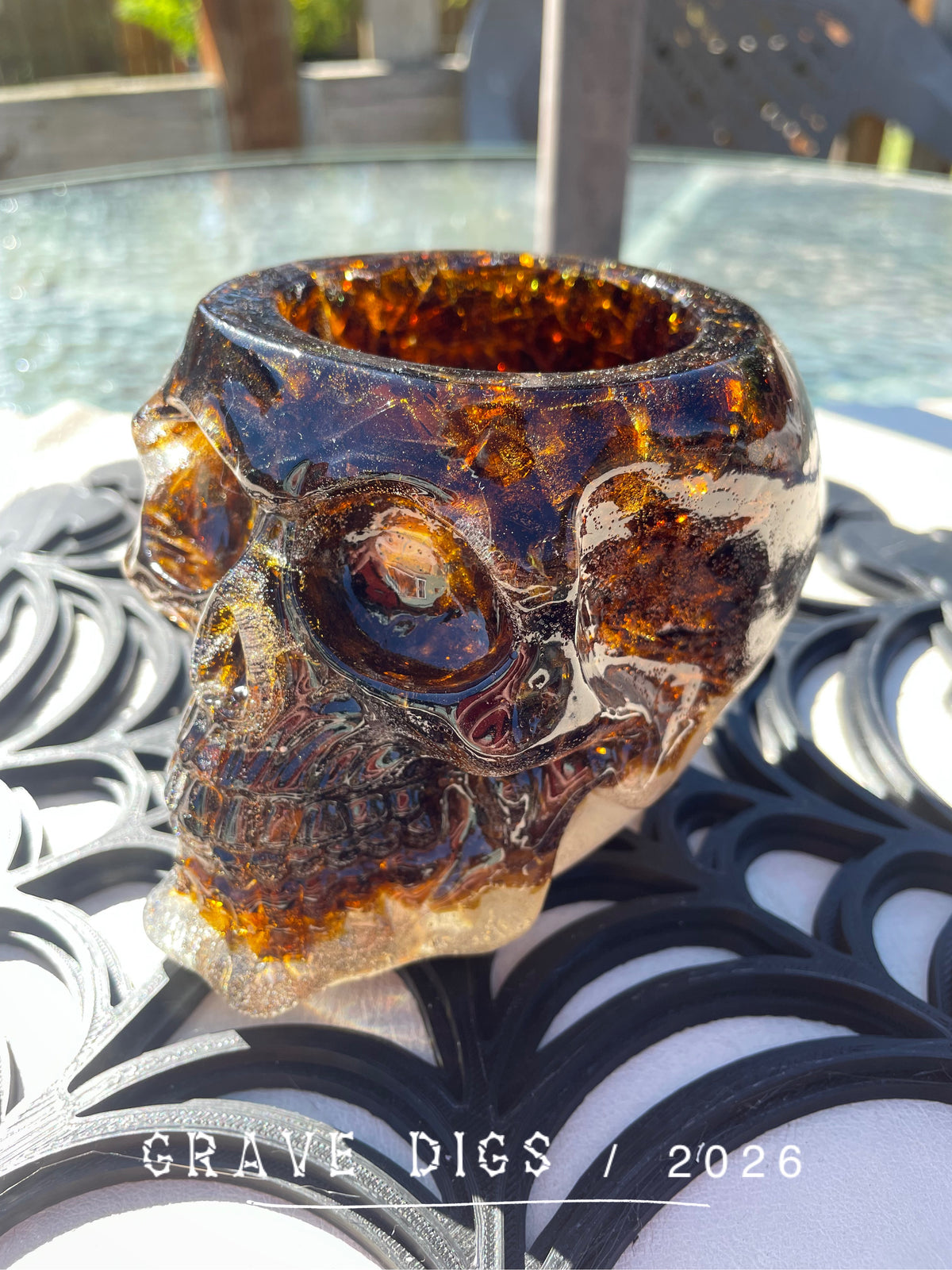 Brown Broken Glass and Epoxy Resin Skull Planter #2