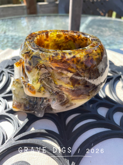 Brown and Green Broken Glass and Epoxy Resin Skull Planter