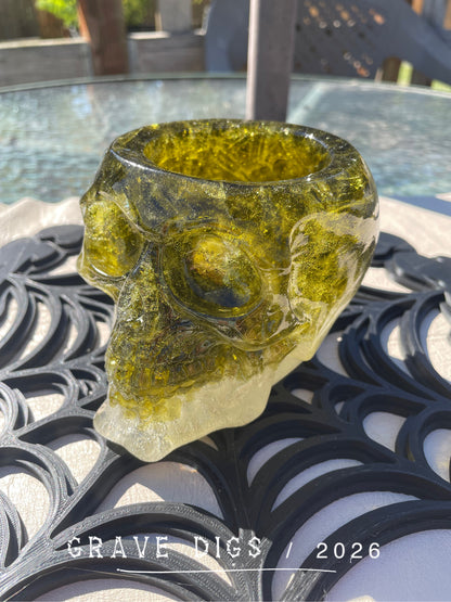 Green Broken Glass and Epoxy Resin Skull Planter