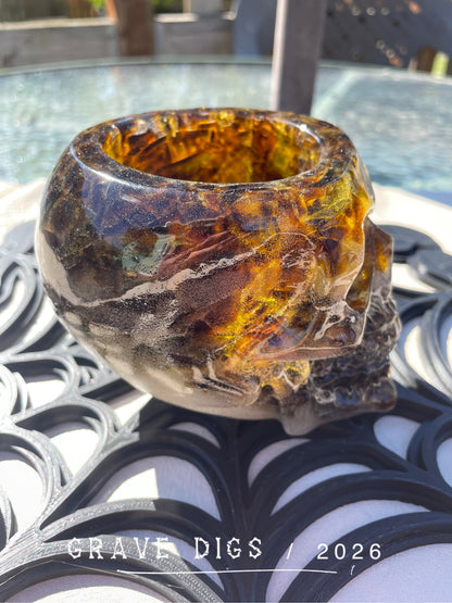 Brown and Green Broken Glass and Epoxy Resin Skull Planter #4