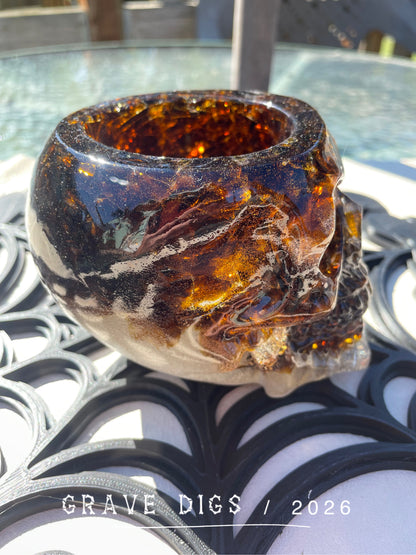 Brown Broken Glass and Epoxy Resin Skull Planter #2