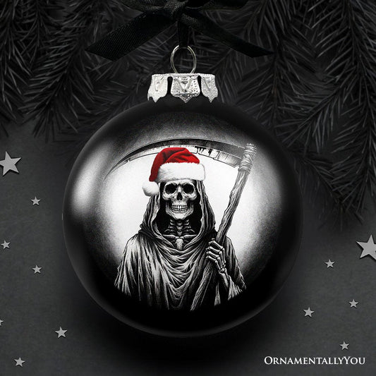 Grim Reaper Christmas Spooky Portrait Glass Ornament, Black Horror Halloween Tree Decoration
