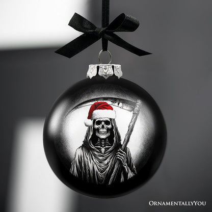 Grim Reaper Christmas Spooky Portrait Glass Ornament, Black Horror Halloween Tree Decoration