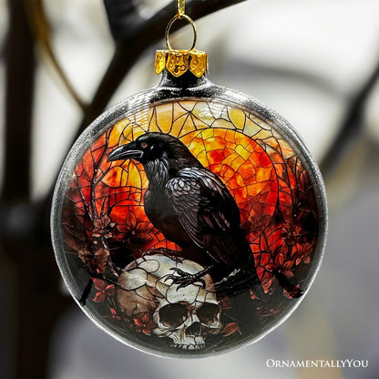 Creepy Stained Glass Skeleton and Raven Haunted Ornament, Halloween Horror and Christmas Tree Decor