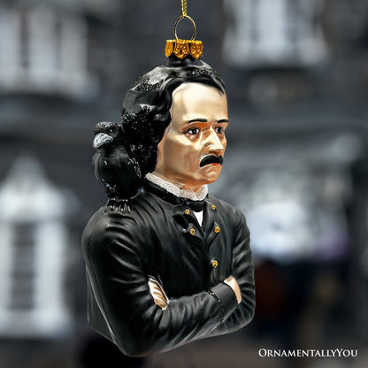Edgar Allan Poe Glass Christmas Ornament, Spooky Halloween Horror Decor
