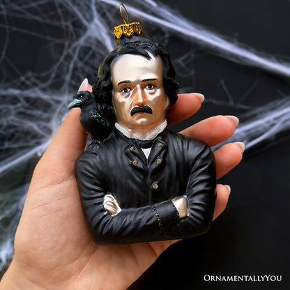Edgar Allan Poe Glass Christmas Ornament, Spooky Halloween Horror Decor