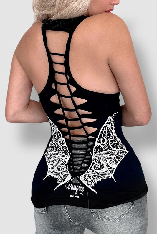Vampire Wings Graphic Back Racerback Sexy Slashed Gothic Festival Tank