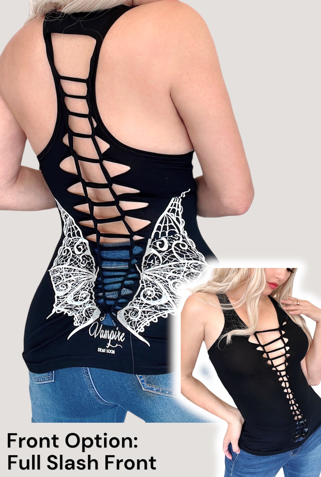 Vampire Wings Graphic Back Racerback Sexy Slashed Gothic Festival Tank