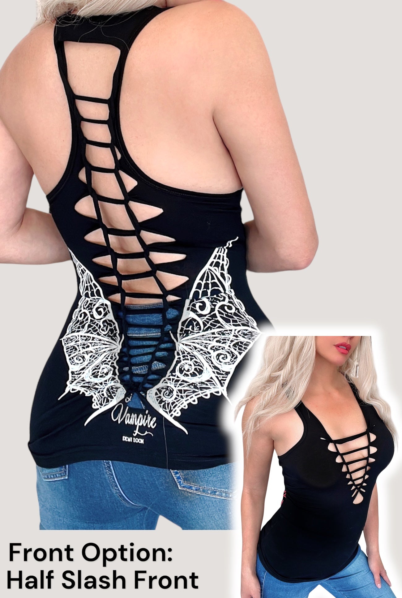 Vampire Wings Graphic Back Racerback Sexy Slashed Gothic Festival Tank