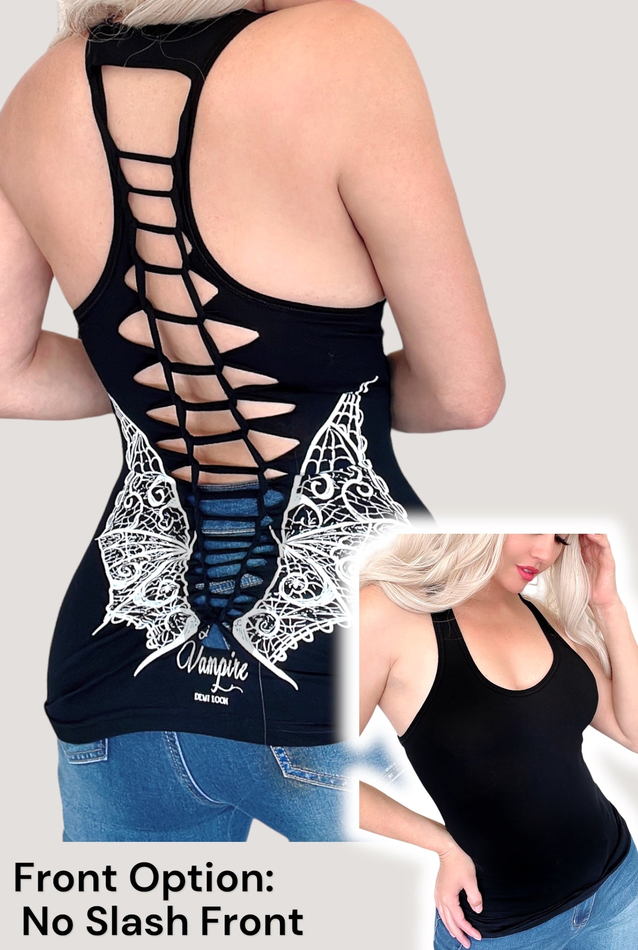 Vampire Wings Graphic Back Racerback Sexy Slashed Gothic Festival Tank