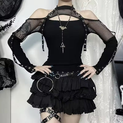 Goth Dark Punk Grunge Fishnet Patchwork Off Shoulder T-shirts Trim Corn Strap Halter Tops Autumn Mall Gothic Streetwear T-shirt
