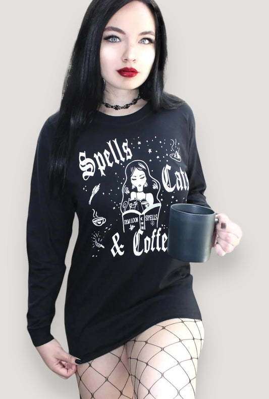 Spells Cats & Coffee Long Sleeve Boyfriend LS Tee- Black