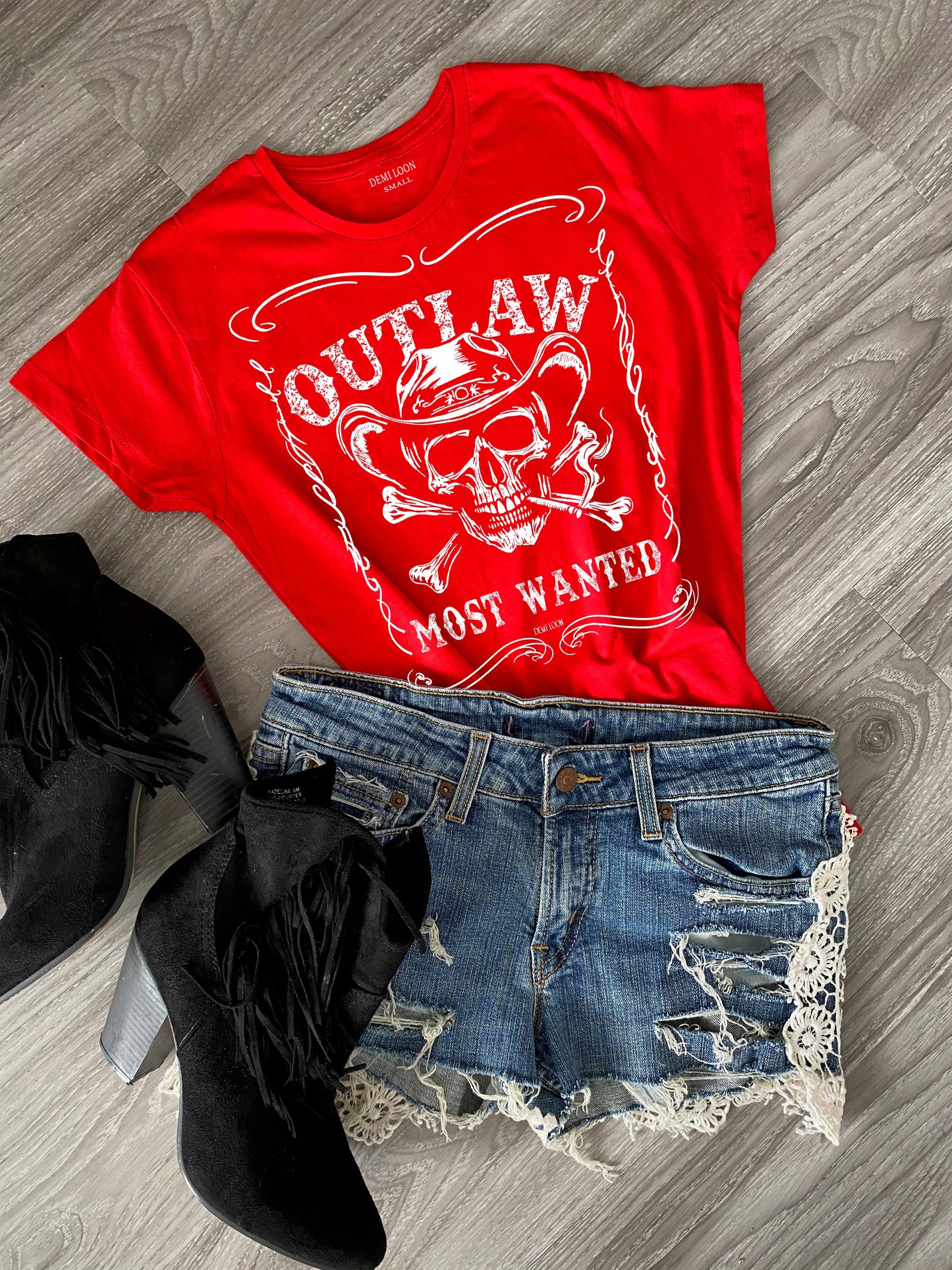 Outlaw Skull Cowboy Graphic Biker Cowgirl Country Tee